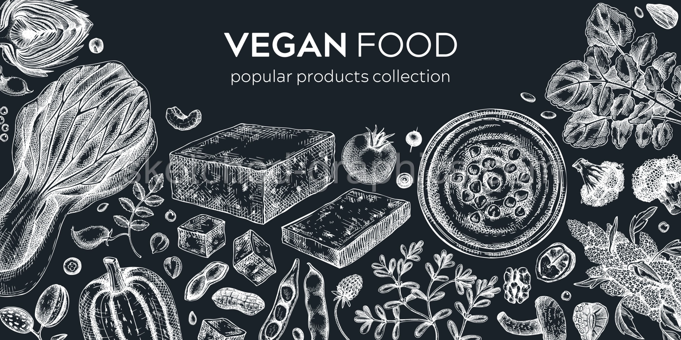 Vegan food banner on chalkboard. Healthy food background. Middle eastern cuisine frame. Hand drawn vegan meals and ingredients for menu, recipe, packaging design. Vegan food illustration Illustration